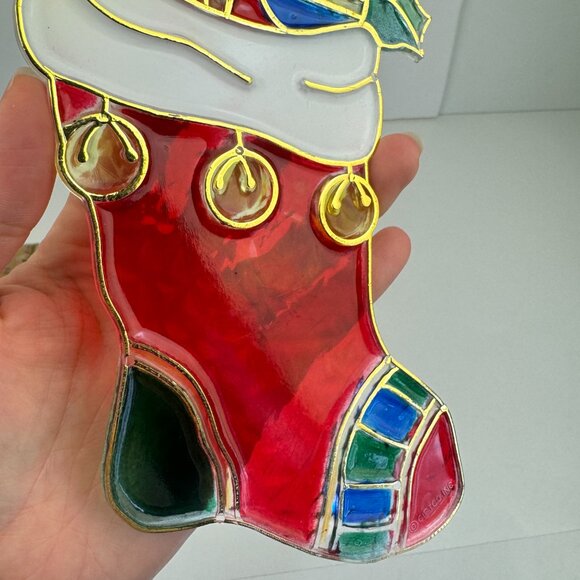 Vtg Plastic Suncatcher Christmas Holiday Red w Gold Stocking 10 inch Gift Co Inc - Picture 9 of 10